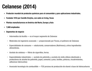5
Celanese (2014)
‣ Productor mundial de productos químicos para el consumidor y para aplicaciones industriales.
‣ Fundada 1918 por Camille Dreyfus, con sede en Irving, Texas
‣ Plantas manufactureras en América del Norte, Europa y Asia
‣ 7,600 empleados
‣ Segmentos de negocio
‣ Intermedios de Acetilo — es el mayor segmento de Celanese
‣ Materiales de ingeniería avanzada — proporcionado por Ticona, el polímero de Celanese
‣ Especialidades de consumo — edulcorante, conservadores (Nutrinova) y otros ingredientes
alimenticios.
‣ Acetato de celulosa — ﬁltros de cigarrillos, forros.
‣ Especialidades industriales — acetato de polivinilo, y acetato de vinilo etileno (destinado a
productores de alcohol de polivinilo, papel, cemento y yeso, textiles, pinturas, recubrimientos,
adhesivos fabricantes)
‣ Avanzada tecnología de combustible — TCX proceso de producción de etanol a base de hidrocarburos
 