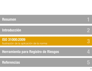 8
Resumen
Introducción
Herramienta para Registro de Riesgos
ISO 31000:2009
Ilustración de la aplicación de la norma
1
2
3
4
Referencias 5
 