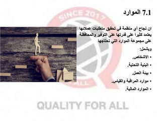 7.1
‫الموارد‬
‫متطلبات‬ ‫تحقيق‬ ‫في‬ ‫منظمة‬ ‫أي‬ ‫نااح‬ ‫ان‬
‫عمقئ‬
‫ها‬
‫يعتمد‬
‫قدرتها‬ ‫على‬ ‫كثيرا‬
‫وال‬ ‫التوفير‬ ‫على‬
‫محافظمة‬
‫على‬
‫التي‬ ‫الموارد‬ ‫ماموعة‬
‫تحتااها‬
‫ويشمل‬
:
•
‫االشخا‬
.
•
‫التحتية‬ ‫البنية‬
.
•
‫بيئة‬
‫العمل‬
.
•
‫موارد‬
‫والقيال‬ ‫المراقبة‬
.
•
‫الموارد‬
‫المالية‬
.
 