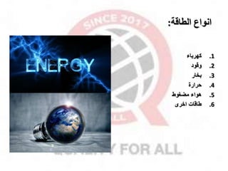 ‫الطاقة‬ ‫انواع‬
:
.1
‫كهرباء‬
.2
‫وقود‬
.3
‫بخار‬
.4
‫حرارة‬
.5
‫مضغوط‬ ‫هواء‬
.6
‫اخرى‬ ‫طاقات‬
 
