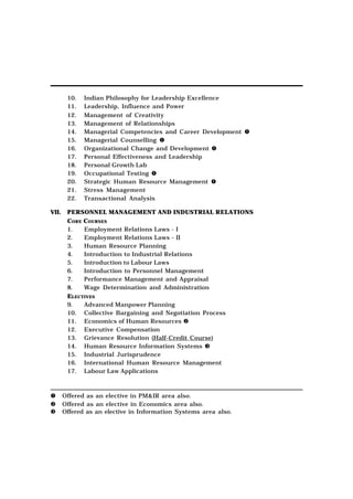 10.   Indian Philosophy for Leadership Excellence
        11.   Leadership, Influence and Power
        12.   Management of Creativity
        13.   Management of Relationships
        14.   Managerial Competencies and Career Development
        15.   Managerial Counselling
        16.   Organizational Change and Development
        17.   Personal Effectiveness and Leadership
        18.   Personal Growth Lab
        19.   Occupational Testing
        20.   Strategic Human Resource Management
        21.   Stress Management
        22.   Transactional Analysis

VII.    PERSONNEL MANAGEMENT AND INDUSTRIAL RELATIONS
        CORE COURSES
        1.   Employment Relations Laws - I
        2.   Employment Relations Laws - II
        3.   Human Resource Planning
        4.   Introduction to Industrial Relations
        5.   Introduction to Labour Laws
        6.   Introduction to Personnel Management
        7.   Performance Management and Appraisal
        8.   Wage Determination and Administration
        ELECTIVES
        9.   Advanced Manpower Planning
        10. Collective Bargaining and Negotiation Process
        11. Economics of Human Resources
        12. Executive Compensation
        13. Grievance Resolution (Half-Credit Course)
        14. Human Resource Information Systems
        15. Industrial Jurisprudence
        16. International Human Resource Management
        17. Labour Law Applications



       Offered as an elective in PM&IR area also.
       Offered as an elective in Economics area also.
       Offered as an elective in Information Systems area also.
 