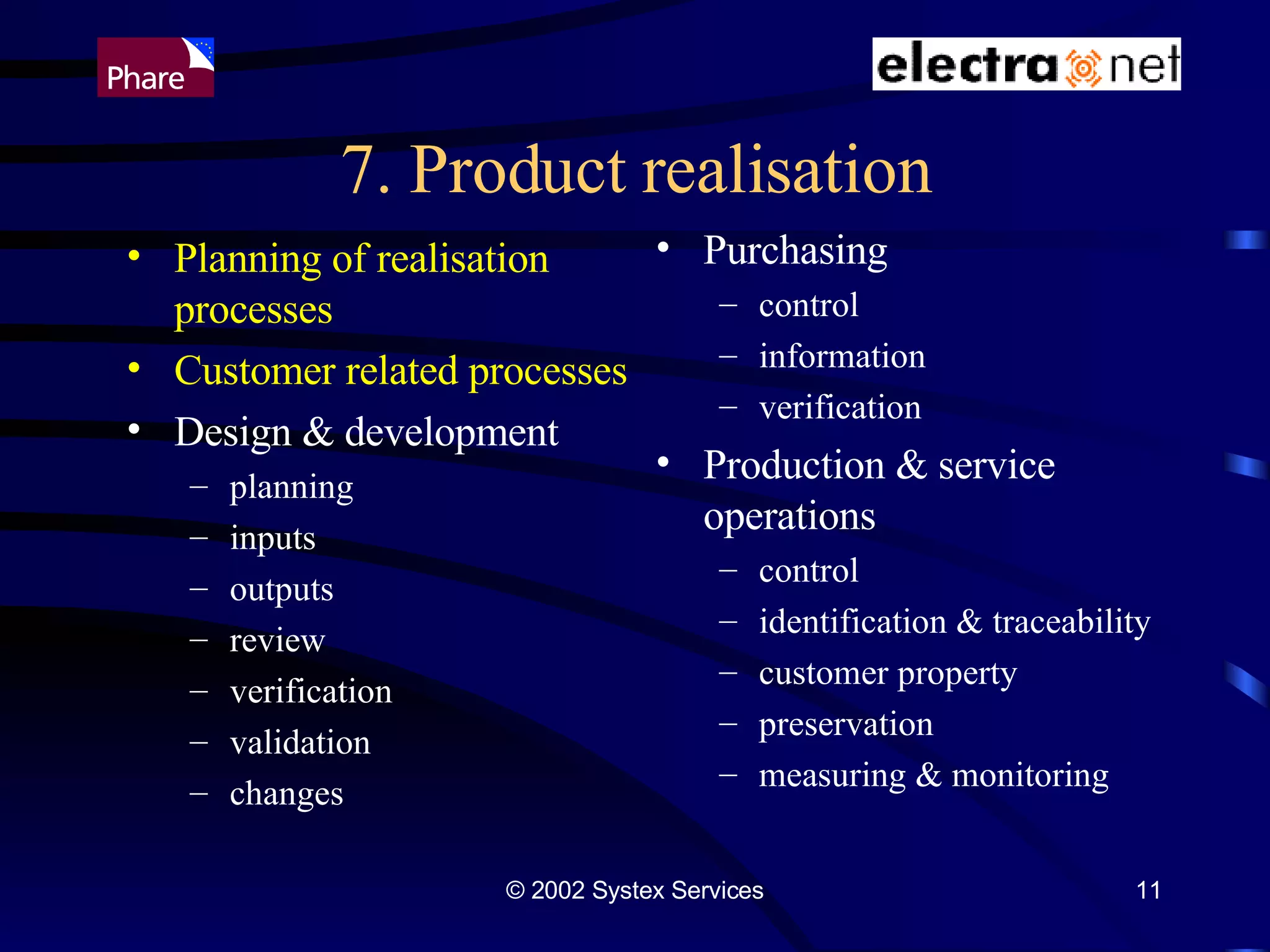 7. Product realisation Planning of realisation processes Customer related processes Design & development planning inputs outputs review verification validation changes Purchasing control information verification Production & service operations control identification & traceability customer property preservation measuring & monitoring 