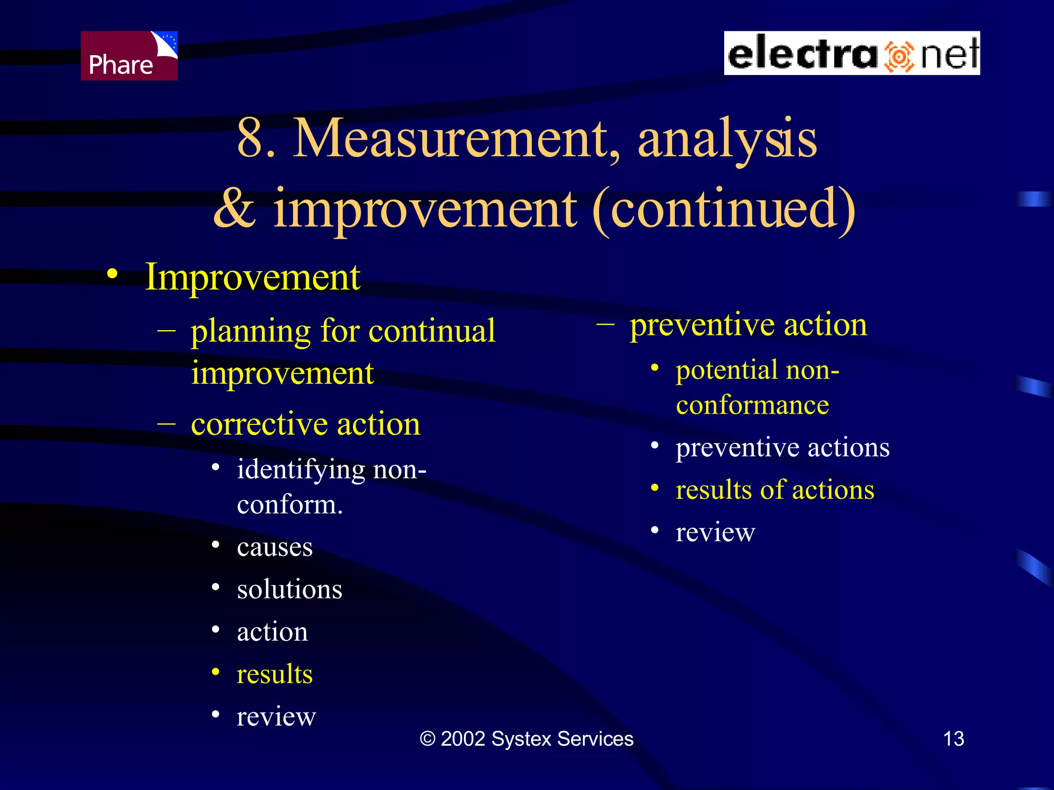 8. Measurement, analysis  & improvement (continued) Improvement planning for continual improvement corrective action identifying non-conform. causes solutions action results review preventive action potential non-conformance preventive actions results of actions review 