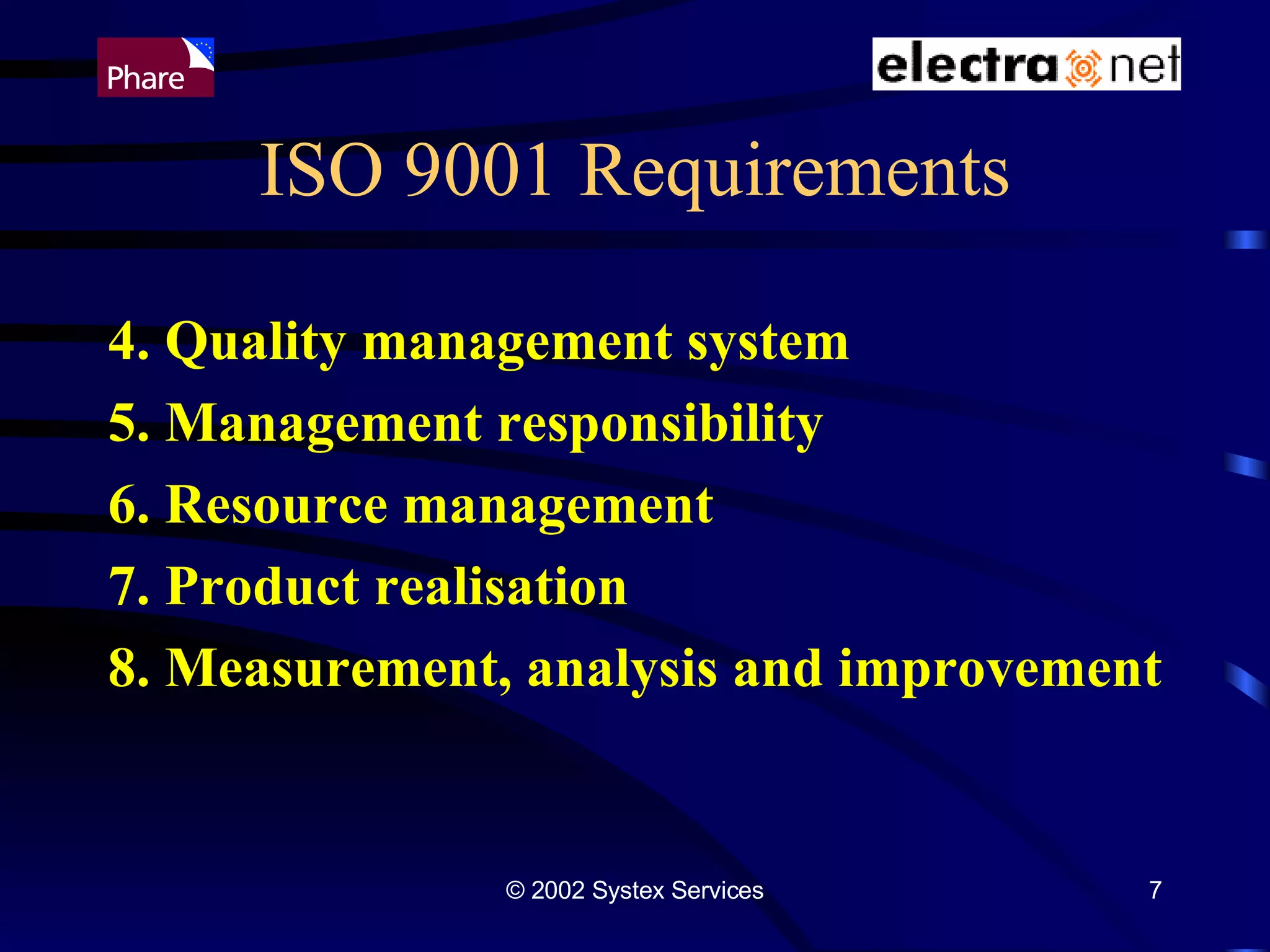 ISO 9001 Requirements 4. Quality management system 5. Management responsibility 6. Resource management 7. Product realisation 8. Measurement, analysis and improvement 
