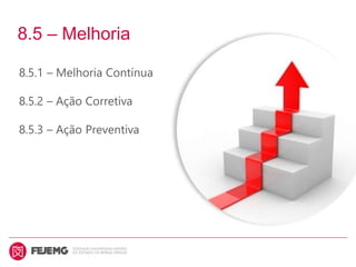 8.5 – Melhoria
8.5.1 – Melhoria Contínua
8.5.2 – Ação Corretiva
8.5.3 – Ação Preventiva
 