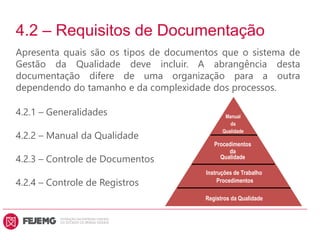 4.2 – Requisitos de Documentação
Apresenta quais são os tipos de documentos que o sistema de
Gestão da Qualidade deve incluir. A abrangência desta
documentação difere de uma organização para a outra
dependendo do tamanho e da complexidade dos processos.
4.2.1 – Generalidades
4.2.2 – Manual da Qualidade
4.2.3 – Controle de Documentos
4.2.4 – Controle de Registros
Manual
da
Qualidade
Procedimentos
da
Qualidade
Instruções de Trabalho
Procedimentos
Registros da Qualidade
 
