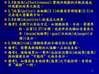 12
3.6有效性(effectiveness):實現所規劃的活動並達成
所規劃的結果之程度。
3.7政策(policy):由組織(3.1)的最高管理階層(3.5)正
式表達之意圖與方向。
3.8目標(objective):欲達成之結果。
備考3.目標可以其他方式，如預期結果、目的、營運準
則、品質(3.37)目標，或使用其他類似含意英文
字 (如aim(把瞄準)、goal(目的地)或target(目
標))表示。
3.9風險(risk):預期結果的不確定性之影響。
備考1. 影響為與預期的之偏離—正面或負面。
備考4. 風險通常以一事件(包括狀況變化)的結果(後果)
與相關發生的〝可能性〞之組合表示。
備考5. 如僅具有負面結果(後果)之可能性時，有時使
用〝風險〞一詞。
 