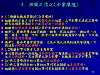 22
4. 組織之情況(企業環境)
4.1瞭解組織及其情況(企業環境)
組織應決定與其目的和其策略方向相關，且可影響其達成品質管
理系統預期結果的能力之外部與內部議題。
組織應監督與審查有關此等外部與內部議題之資訊。
備考1. 藉由考量不論是國際、國家、區域或地方，由法律、技
術、競爭、市場、文化、社會及經濟等環境引伸之議題，可促進
對外部情況的瞭解。
備考2. 藉由考量有關價值、文化知識及組織的績效等議題，可
促進對內部情況的瞭解。
4.2瞭解利害相關者之需求與期望
由於其對組織一致性地提供符合顧客與適用法令和法規要求事項
之產品與服務，具有影響或潛在影響，組織應決定下列事項。
(a)與品質管理系統相關之利害相關者。
(b)與品質管理系統相關的此等利害相關者之要求事項。
組織應監督與審查有關此等利害相關者及其相關要求事項
 