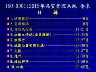 8
ISO-9001:2015年品質管理系統-要求
目 錄
1.適用範圍-----------------------------9頁
2.引用標準----------------------------10頁
3.用語及定義 ----------------------11~21頁
4.組織之情況(企業環境) ------------22~24頁
5.領導力---------------------------25~27頁
6.規劃品質管理系統-----------------28~30頁
7.支援-----------------------------31~37頁
8.運作-----------------------------38~53頁
9.績效評估-------------------------54~59頁
10.改進----------------------------60~62頁
 