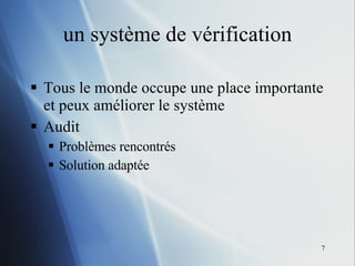 un système de vérification Tous le monde occupe une place importante et peux améliorer le système Audit Problèmes rencontrés Solution adaptée 