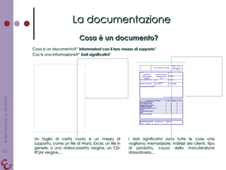 Cosa è un documento? La documentazione Cosa è un documento?”  Informazioni con il loro mezzo di supporto ” Cos’è una informazione?”  Dati significativi ” Un foglio di carta vuoto è un mezzo di supporto, come un file di Word, Excel, un file in genere, o una videocassetta vergine, un CD-ROM vergine… I dati significativi sono tutte le cose che vogliamo memorizzare: indirizzi dei clienti, tipo di prodotto, causa della manutenzione straordinaria… 