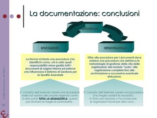 DOCUMENTAZIONE La documentazione: conclusioni La Norma richiede una procedura che identifichi come, chi e sotto quali responsabilità viene gestita tutti i documenti di origine interna ed esterna che influenzano il Sistema di Gestione per la Qualità Aziendale Oltre alla procedura per i documenti deve esistere una procedura che definisca le metodologie di gestione della vita delle registrazioni: dal modulo “nudo” alla registrazione completa fino alla archiviazione e successiva eventuale distruzione. REGISTRAZIONI DOCUMENTI E’ compito dell’Azienda creare una procedura snella ed adatta alle proprie esigenze come d’altra parte  TUTTA LA MODULISTICA : questo per sfruttare al meglio le potenzialità.  E’ compito dell’Azienda creare una procedura che meglio soddisfi le necessità:  lo Stato per esempio ci fa conservare  le registrazioni fiscali per dieci anni…  