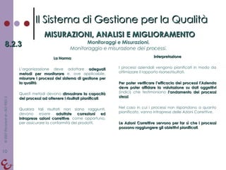 La Norma L’organizzazione deve adottare  adeguati metodi per monitorare  e, ove applicabile,  misurare i processi del sistema di gestione per la qualità .  Questi metodi devono  dimostrare la capacità dei processi ad ottenere i risultati pianificati .  Qualora tali risultati non siano raggiunti, devono essere  adottate correzioni ed intraprese azioni correttive , come opportuno, per assicurare la conformità dei prodotti. Interpretazione I processi aziendali vengono pianificati in modo da ottimizzare il rapporto risorse/risultati. Per poter verificare l’efficacia dei processi l’Azienda deve poter affidare la valutazione su dati oggettivi  (indici) che testimoniano  l’andamento dei processi stessi . Nel caso in cui i processi non rispondano a quanto pianificato, vanno intraprese delle Azioni Correttive. Le Azioni Correttive servono per far sì che i processi possano raggiungere gli obiettivi pianificati . Il Sistema di Gestione per la Qualità MISURAZIONI, ANALISI E MIGLIORAMENTO 8.2.3 Monitoraggi e Misurazioni. Monitoraggio e misurazione dei processi. 