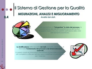 Il Sistema di Gestione per la Qualità MISURAZIONI, ANALISI E MIGLIORAMENTO 8.4 Analisi dei dati. La stratificazione  della raccolta  dei dati  permette, nel tempo, di tracciare  l’andamento dei processi e dei diversi elementi osservati. In questo modo le informazioni permettono di tracciare un quadro più completo e utile per definire azioni correttive e nuovi impegni per l’Azienda. I dati permettono di  “fotografare” lo stato del processo , la soddisfazione del cliente, le performance dei fornitori. In questo modo si ha una corretta definizione dello stato dell’elemento esaminato.  