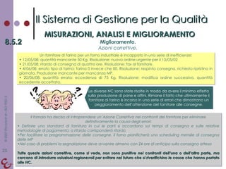 Il fornaio ha deciso di intraprendere un’Azione Correttiva nei confronti del fornitore per eliminare definitivamente la causa degli errori: Definire uno standard di fornitura in cui le parti si accordano sui tempi di consegna e sulle relative metodologie di pagamento: a ritardo corrisponderà ritardo Per facilitare la programmazione delle consegne, il forno pianificherà uno scheduling mensile di consegna delle MP Nel caso di problemi la segnalazione deve avvenire almeno con 24 ore di anticipo sulla consegna attesa Tutte queste azioni correttive, come si vede, non sono punitive nei confronti dell’una o dell’altra parte, ma cercano di introdurre soluzioni ragionevoli per evitare nel futuro che si riverifichino le cause che hanno portato alle NC. Il Sistema di Gestione per la Qualità MISURAZIONI, ANALISI E MIGLIORAMENTO 8.5.2 Miglioramento. Azioni correttive. Un fornitore di farina per un forno industriale è incappato in una serie di inefficienze: 12/05/08: quantità mancante 50 Kg. Risoluzione: nuovo ordine urgente per il 13/05/02 21/05/08: ritardo di consegna di quattro ore. Risoluzione: fax al fornitore. 4/06/08: errato tipo di farina: farina 0 invece che 00. Risoluzione: respinta consegna, richiesto ripristino in giornata. Produzione mancante per mancanza MP. 20/06/08: quantità errata: eccedenza di 75 Kg. Risoluzione: modifica ordine successivo, quantità eccedente accettata. Le diverse NC sono state risolte in modo da avere il minimo effetto sulla produzione di pane e affini. Rimane il fatto che ultimamente il fornitore di farina è incorso in una serie di errori che dimostrano un peggioramento dell’attenzione del fornitore alle consegne. 