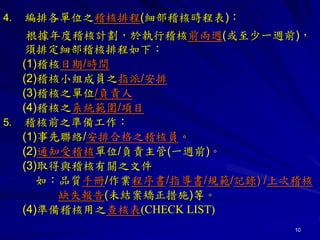 10
4. 編排各單位之稽核排程(細部稽核時程表)：
根據年度稽核計劃，於執行稽核前兩週(或至少一週前)，
須排定細部稽核排程如下：
(1)稽核日期/時間
(2)稽核小組成員之指派/安排
(3)稽核之單位/負責人
(4)稽核之系統範圍/項目
5. 稽核前之準備工作：
(1)事先聯絡/安排合格之稽核員。
(2)通知受稽核單位/負責主管(一週前)。
(3)取得與稽核有關之文件
如：品質手冊/作業程序書/指導書/規範/記錄) /上次稽核
缺失報告(未結案矯正措施)等。
(4)準備稽核用之查核表(CHECK LIST)
 