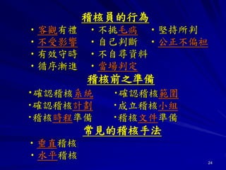 24
稽核員的行為
•客觀有禮 •不挑毛病 •堅持所判
•不受影響 •自己判斷 •公正不偏袒
•有效守時 •不自尋資料
•循序漸進 •當場判定
稽核前之準備
▪確認稽核系統 ▪確認稽核範圍
▪確認稽核計劃 ▪成立稽核小組
▪稽核時程準備 ▪稽核文件準備
常見的稽核手法
•垂直稽核
•水平稽核
 