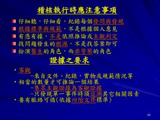 25
稽核執行時應注意事項
仔細聽，仔細看，紀錄每個發問與發現
根據標準與規範，不是根據個人意見
有憑有據，不是依照推論或主觀判定
找問題發生的根源，不是找答案即可
扮演醫生的角色，而非警察的角色
證據之要求
•客觀
-來自文件、紀錄，實物或規範情況等
•相當的數量才可推論一個結果
-集眾主觀證據為客觀證據
-只發現單一事件時須追溯其它相關因素
•要有脈絡可循(依據四階文件標準)
 