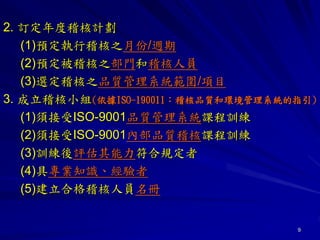 9
2. 訂定年度稽核計劃
(1)預定執行稽核之月份/週期
(2)預定被稽核之部門和稽核人員
(3)選定稽核之品質管理系統範圍/項目
3. 成立稽核小組(依據ISO-190011：稽核品質和環境管理系統的指引)
(1)須接受ISO-9001品質管理系統課程訓練
(2)須接受ISO-9001內部品質稽核課程訓練
(3)訓練後評估其能力符合規定者
(4)具專業知識、經驗者
(5)建立合格稽核人員名冊
 