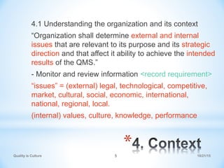 *
4.1 Understanding the organization and its context
“Organization shall determine external and internal
issues that are r...
