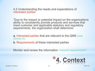 *
4.2 Understanding the needs and expectations of
interested parties
“Due to the impact or potential impact on the organiz...