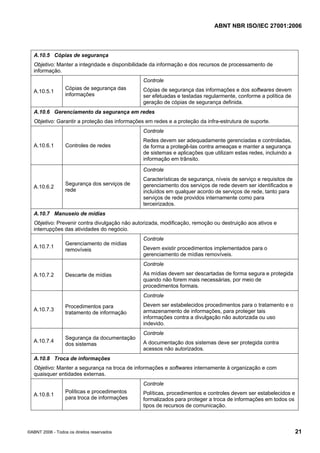 ABNT NBR ISO/IEC 27001:2006
©ABNT 2006 - Todos os direitos reservados 21
A.10.5 Cópias de segurança
Objetivo: Manter a integridade e disponibilidade da informação e dos recursos de processamento de
informação.
A.10.5.1
Cópias de segurança das
informações
Controle
Cópias de segurança das informações e dos softwares devem
ser efetuadas e testadas regularmente, conforme a política de
geração de cópias de segurança definida.
A.10.6 Gerenciamento da segurança em redes
Objetivo: Garantir a proteção das informações em redes e a proteção da infra-estrutura de suporte.
A.10.6.1 Controles de redes
Controle
Redes devem ser adequadamente gerenciadas e controladas,
de forma a protegê-las contra ameaças e manter a segurança
de sistemas e aplicações que utilizam estas redes, incluindo a
informação em trânsito.
A.10.6.2
Segurança dos serviços de
rede
Controle
Características de segurança, níveis de serviço e requisitos de
gerenciamento dos serviços de rede devem ser identificados e
incluídos em qualquer acordo de serviços de rede, tanto para
serviços de rede providos internamente como para
terceirizados.
A.10.7 Manuseio de mídias
Objetivo: Prevenir contra divulgação não autorizada, modificação, remoção ou destruição aos ativos e
interrupções das atividades do negócio.
A.10.7.1
Gerenciamento de mídias
removíveis
Controle
Devem existir procedimentos implementados para o
gerenciamento de mídias removíveis.
A.10.7.2 Descarte de mídias
Controle
As mídias devem ser descartadas de forma segura e protegida
quando não forem mais necessárias, por meio de
procedimentos formais.
A.10.7.3
Procedimentos para
tratamento de informação
Controle
Devem ser estabelecidos procedimentos para o tratamento e o
armazenamento de informações, para proteger tais
informações contra a divulgação não autorizada ou uso
indevido.
A.10.7.4
Segurança da documentação
dos sistemas
Controle
A documentação dos sistemas deve ser protegida contra
acessos não autorizados.
A.10.8 Troca de informações
Objetivo: Manter a segurança na troca de informações e softwares internamente à organização e com
quaisquer entidades externas.
A.10.8.1
Políticas e procedimentos
para troca de informações
Controle
Políticas, procedimentos e controles devem ser estabelecidos e
formalizados para proteger a troca de informações em todos os
tipos de recursos de comunicação.
Cópia não autorizada
 