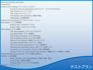 Document specific information
Introduction
Context of the testing（テストのコンテキスト）
Project(s).test sub-process(es) (プロジェクト、テストサブプロセス）
Test item(s) (テストアイテム)
Test scope (テストスコープ)
Assumptions and constraints (前提と制約)
Stakeholders (利害関係者)
Testing communication(テストのコミュニケーション)
Risk register（リスク登録簿）
Product risks（プロダクトリスク）
Project risks（プロジェクトリスク）
Test strategy（テスト戦略）
Test sub-processes（テストサブプロセス）
Test deliverables（テスト成果物）
Test design techniques（テスト設計技法）
Test completion criteria（テスト完了基準）
Metrics to be collected（収集されるメトリクス）
Test data requirements（テストデータ要求）
Test environment requirements（テスト環境要求）
Retesting and regression testing（再テストと回帰テスト）
Suspension and resumption criteria（中断と再開基準）
Deviation from the Organizational Test Strategy（組織的なテスト戦略からの逸脱）
Testing activities and estimates（テスト活動と見積もり）
Staffing（人材の配置）
Roles, activities, and responsibilities（役割、活動、責任）
Hiring needs（雇用の必要性）
Training needs（トレーニングの必要性）
Schedule（スケジュール）
 