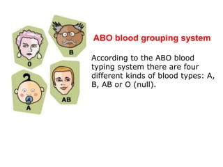 According to the ABO blood
typing system there are four
different kinds of blood types: A,
B, AB or O (null).
ABO blood grouping system
 