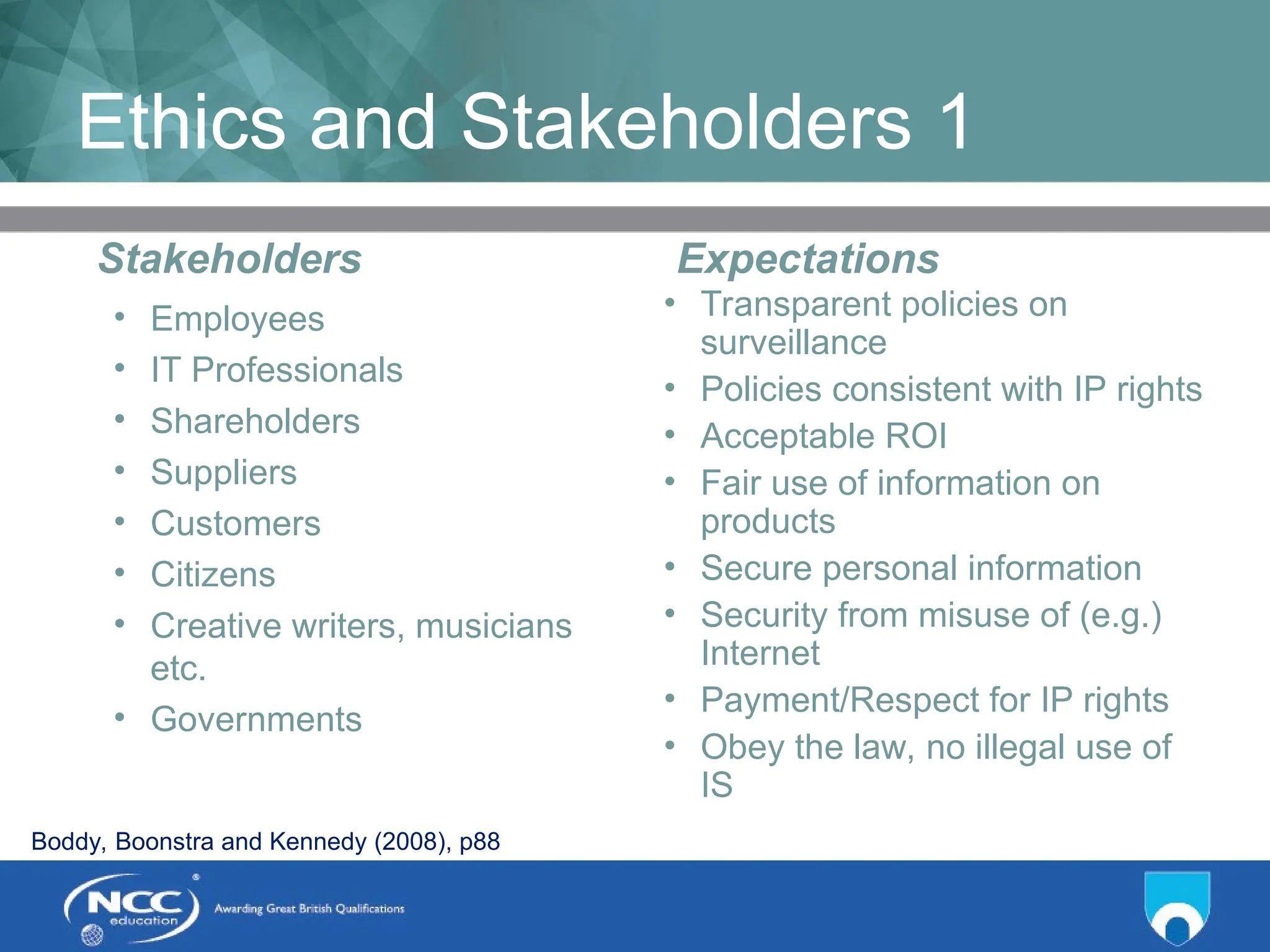 Title of Topic Topic 1 - 1.14
Ethics and Stakeholders 1
Stakeholders
• Employees
• IT Professionals
• Shareholders
• Suppliers
• Customers
• Citizens
• Creative writers, musicians
etc.
• Governments
Expectations
• Transparent policies on
surveillance
• Policies consistent with IP rights
• Acceptable ROI
• Fair use of information on
products
• Secure personal information
• Security from misuse of (e.g.)
Internet
• Payment/Respect for IP rights
• Obey the law, no illegal use of
IS
Boddy, Boonstra and Kennedy (2008), p88
 