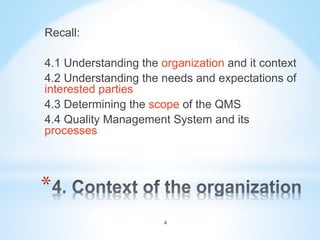 * 
Recall:
4.1 Understanding the organization and it context
4.2 Understanding the needs and expectations of
interested pa...