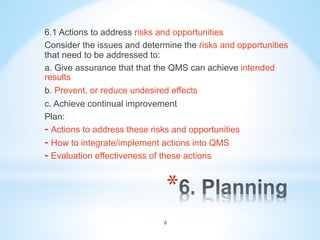 * 
6.1 Actions to address risks and opportunities
Consider the issues and determine the risks and opportunities
that need to be addressed to:
a. Give assurance that that the QMS can achieve intended
results
b. Prevent, or reduce undesired effects
c. Achieve continual improvement
Plan:
- Actions to address these risks and opportunities
- How to integrate/implement actions into QMS
- Evaluation effectiveness of these actions
6
 