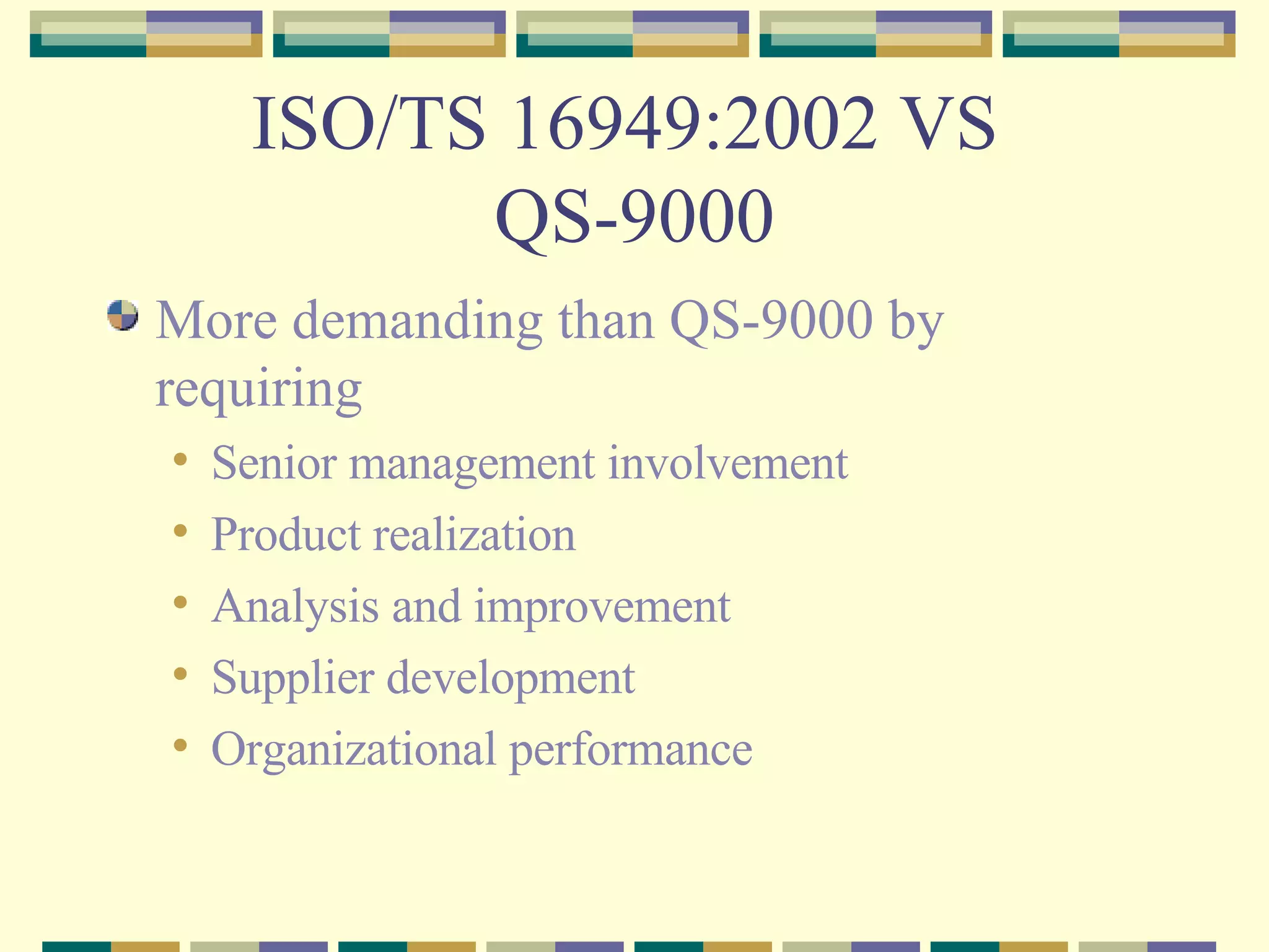 ISO/TS 16949:2002 VS  QS-9000 More demanding than QS-9000 by requiring Senior management involvement Product realization Analysis and improvement Supplier development Organizational performance 