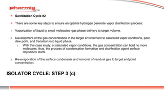 ISOLATOR CYCLE: STEP 3 (c)
Sanitization Cycle #2
There are some key steps to ensure an optimal hydrogen peroxide vapor disinfection process:
1. Vaporization of liquid to small molecules–gas phase delivery to target volume.
2. Development of the gas concentration in the target environment to saturated vapor conditions, past
dew point, and transition into liquid phase.
1. With this case study: at saturated vapor conditions, the gas concentration can hold no more
molecules, thus, the process of condensation formation and disinfection agent surface
deposition starts.
3. Re-evaporation of the surface condensate and removal of residual gas to target endpoint
concentration.
 
