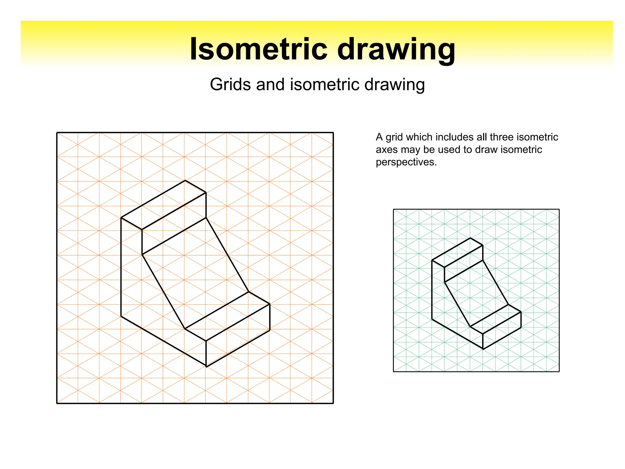 Isometric drawing
Grids and isometric drawing
A grid which includes all three isometric
axes may be used to draw isometric
perspectives.
 