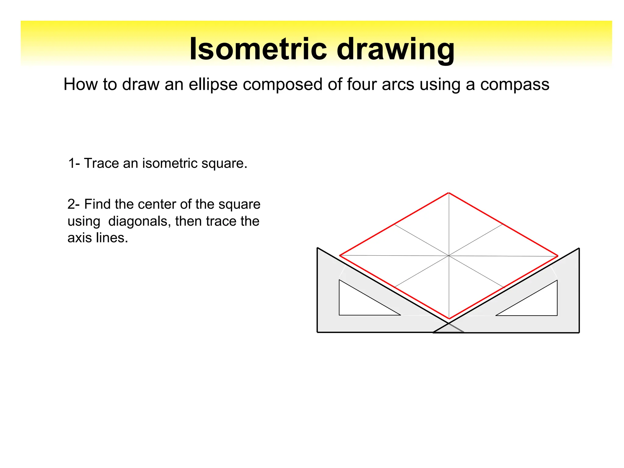 Isometric drawing
How to draw an ellipse composed of four arcs using a compass
1- Trace an isometric square.
2- Find the center of the square
using diagonals, then trace the
axis lines.
 