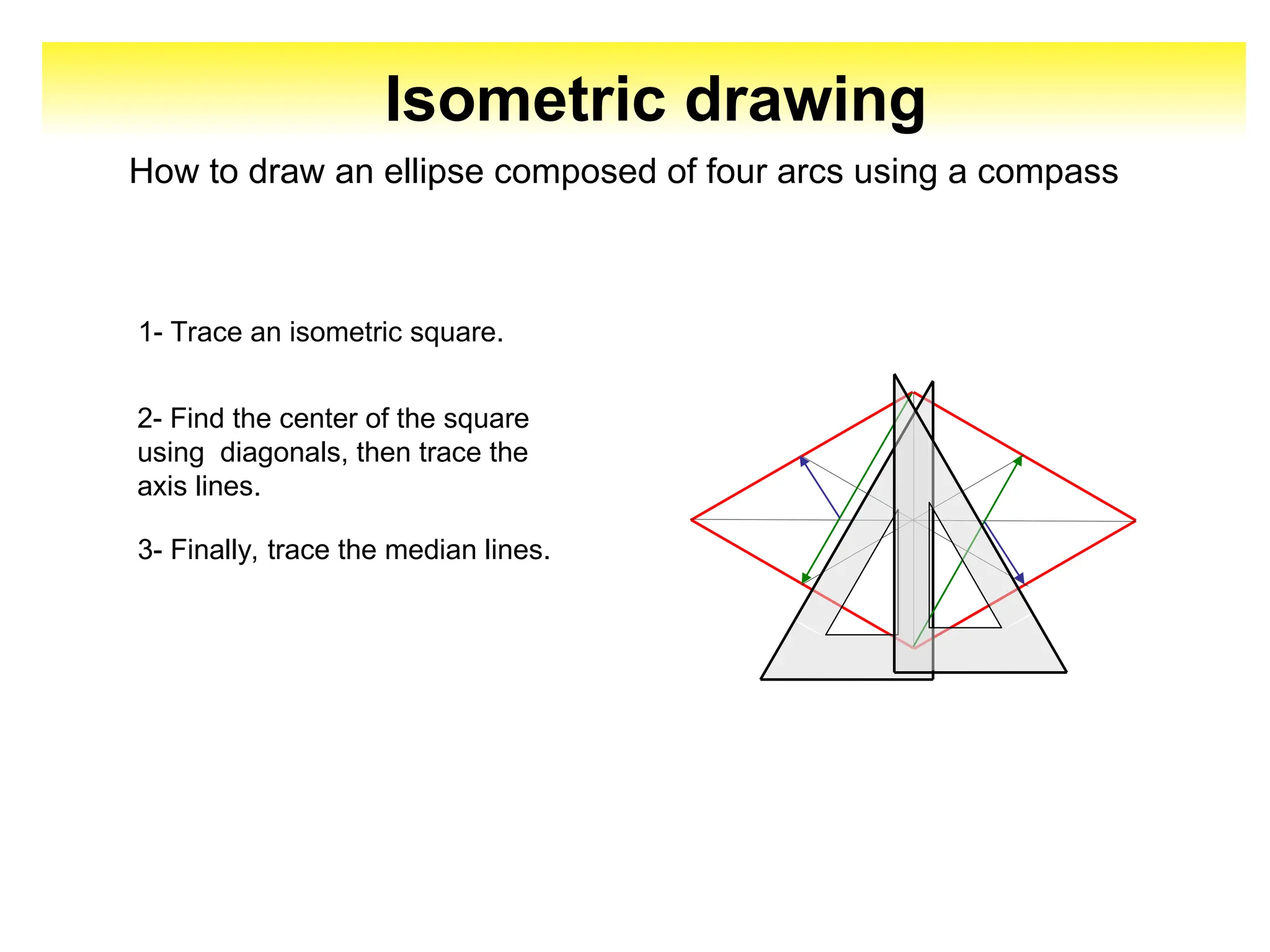 Isometric drawing
How to draw an ellipse composed of four arcs using a compass
1- Trace an isometric square.
2- Find the center of the square
using diagonals, then trace the
axis lines.
3- Finally, trace the median lines.
 