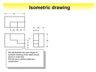 Isometric drawing
20
20
50
10
8
14
28
35
We will illustrate the main stages of
isometric drawing of the object shown
above in multi-view.
We will use a method called box
construction.
 