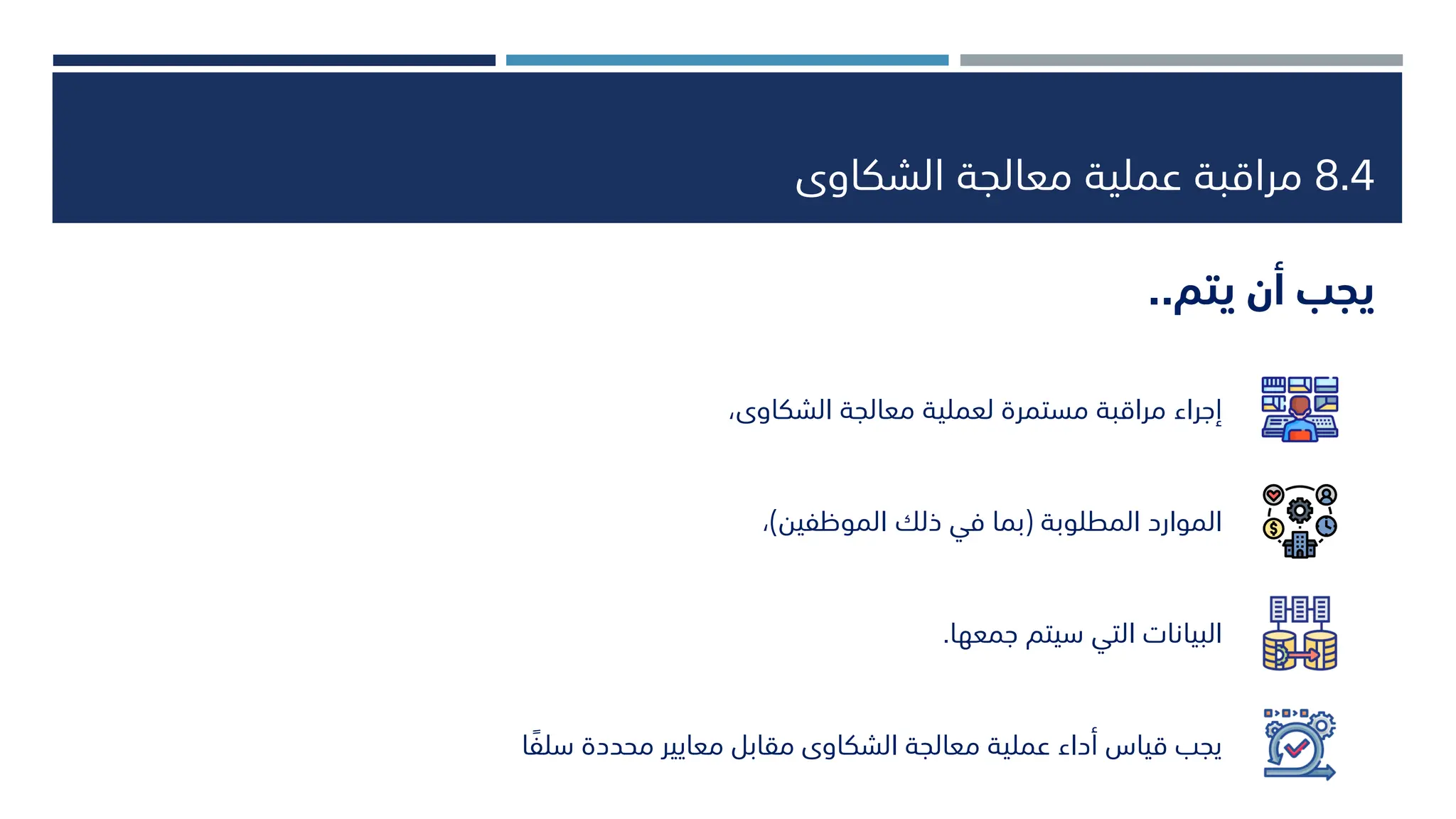 8.4
‫الشكاوى‬ ‫معالجة‬ ‫عملية‬ ‫مراقبة‬
‫يجب‬
‫يتم‬ ‫أن‬
..
‫الشكاوىا‬ ‫معالجة‬ ‫لعملية‬ ‫مستمرة‬ ‫مراقبة‬ ‫إجراء‬
‫المطلوبة‬ ‫الموارد‬
(
‫الموظفين‬ ‫ذلك‬ ‫في‬ ‫بما‬
)
‫ا‬
‫جمعها‬ ‫سيتم‬ ‫التي‬ ‫البيانات‬
.
‫س‬ ‫محددة‬ ‫معايير‬ ‫مقابل‬ ‫الشكاوى‬ ‫معالجة‬ ‫عملية‬ ‫أداء‬ ‫قياس‬ ‫يجب‬
‫ا‬‫لف‬
 