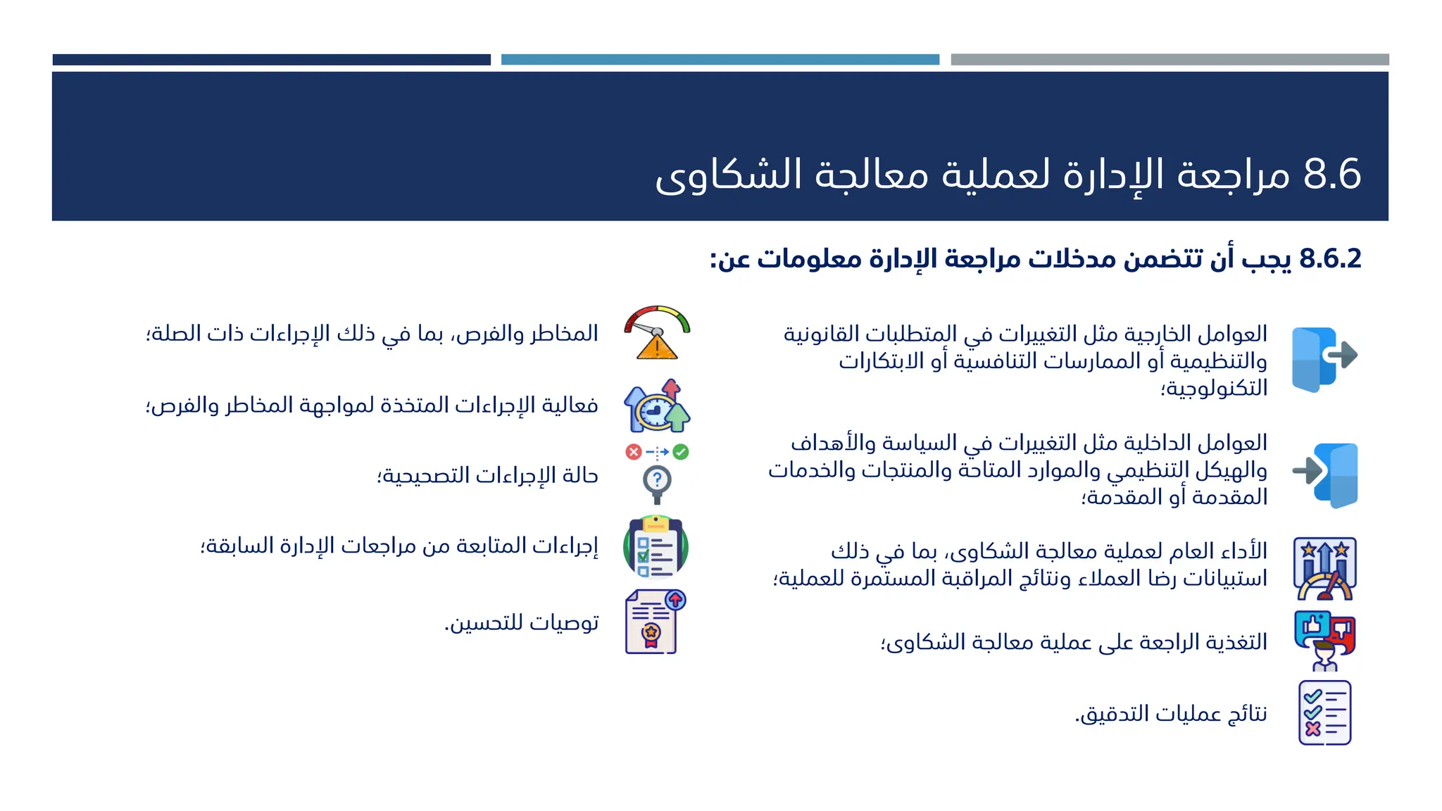 8.6
‫الشكاوى‬ ‫معالجة‬ ‫لعملية‬ ‫اإلدارة‬ ‫مراجعة‬
8.6.2
‫مدخالت‬ ‫تتضمن‬ ‫أن‬ ‫يجب‬
‫مراجعة‬
‫اإلدارة‬
‫عن‬ ‫معلومات‬
:
‫القان‬ ‫المتطلبات‬ ‫في‬ ‫التغييرات‬ ‫مثل‬ ‫الخارجية‬ ‫العوامل‬
‫ونية‬
‫االبتكارات‬ ‫أو‬ ‫التنافسية‬ ‫الممارسات‬ ‫أو‬ ‫والتنظيمية‬
‫التكنولوجية؛‬
‫واألهداف‬ ‫السياسة‬ ‫في‬ ‫التغييرات‬ ‫مثل‬ ‫الداخلية‬ ‫العوامل‬
‫والخد‬ ‫والمنتجات‬ ‫المتاحة‬ ‫والموارد‬ ‫التنظيمي‬ ‫والهيكل‬
‫مات‬
‫المقدمة؛‬ ‫أو‬ ‫المقدمة‬
‫ذلك‬ ‫في‬ ‫بما‬ ‫الشكاوىا‬ ‫معالجة‬ ‫لعملية‬ ‫العام‬ ‫األداء‬
‫ل‬ ‫المستمرة‬ ‫المراقبة‬ ‫ونتائج‬ ‫العمالء‬ ‫رضا‬ ‫استبيانات‬
‫لعملية؛‬
‫الشكاوى؛‬ ‫معالجة‬ ‫عملية‬ ‫على‬ ‫الراجعة‬ ‫التغذية‬
‫التدقيق‬ ‫عمليات‬ ‫نتائج‬
.
‫الصلة؛‬ ‫ذات‬ ‫اإلجراءات‬ ‫ذلك‬ ‫في‬ ‫بما‬ ‫ا‬ ‫والفر‬ ‫المخاطر‬
‫؛‬ ‫والفر‬ ‫المخاطر‬ ‫لمواجهة‬ ‫المتخذة‬ ‫اإلجراءات‬ ‫فعالية‬
‫التصحيحية؛‬ ‫اإلجراءات‬ ‫حالة‬
‫السابقة؛‬ ‫اإلدارة‬ ‫مراجعات‬ ‫من‬ ‫المتابعة‬ ‫إجراءات‬
‫للتحسين‬ ‫توصيات‬
.
 