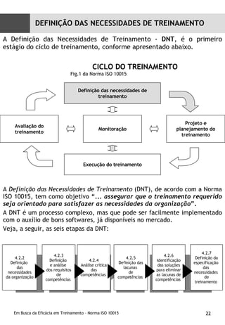 A  Definição das Necessidades de Treinamento  (DNT), de acordo com a Norma ISO 10015, tem como objetivo  “...  assegurar que o treinamento requerido seja orientado para satisfazer as necessidades da organização ”. A DNT é um processo complexo, mas que pode ser facilmente implementado com o auxílio de bons softwares, já disponíveis no mercado. Veja, a seguir, as seis etapas da DNT: 4.2.3 Definição  e análise  dos requisitos de competências  4.2.2 Definição  das necessidades da organização 4.2.4 Análise crítica  das competências  4.2.6 Identificação das soluções para eliminar as lacunas de competências  4.2.5 Definição das lacunas  de competências  4.2.7 Definição da especificação  das  necessidades  de treinamento  A Definição das Necessidades de Treinamento -  DNT , é o primeiro estágio do ciclo de treinamento, conforme apresentado abaixo. CICLO DO TREINAMENTO  Fig.1 da Norma ISO 10015 DEFINIÇÃO DAS NECESSIDADES DE TREINAMENTO Definição das necessidades de treinamento Execução do treinamento Avaliação do treinamento Monitoração Projeto e planejamento do treinamento 