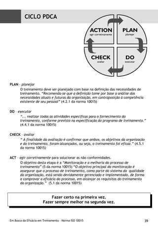 PLAN  –  planejar  O treinamento deve ser planejado com base na definição das necessidades de treinamento. “ Recomenda-se que a definição tome por base a análise das necessidades atuais e futuras da organização, em contraposição à competência existente de seu pessoal”  (4.2.1 da norma 10015) DO  –  executar  “ ... realizar todas as atividades específicas para o fornecimento do treinamento, conforme previsto na especificação do programa de treinamento.”  (4.4.1 da norma 10015) CHECK  –  avaliar  “  A finalidade da avaliação é confirmar que ambos, os objetivos da organização e do treinamento, foram alcançados, ou seja, o treinamento foi eficaz.”  (4.5.1 da norma 10015) ACT  –  agir corretivamente  para solucionar as não conformidades.  O objetivo desta etapa é a  “Monitoração e a melhoria do processo de treinamento”  (5 da norma 10015) “ O objetivo principal da monitoração é assegurar que o processo de treinamento, como parte do sistema da  qualidade da organização, está sendo devidamente gerenciado e implementado, de forma a comprovar a eficácia do processo, em alcançar os requisitos do treinamento da organização.”  (5.1 da norma 10015) Fazer certo na primeira vez. Fazer sempre melhor na segunda vez. CICLO PDCA 