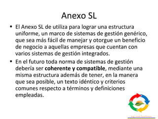 Anexo SL
• el Anexo SL hará que las normas tengan:
• Una estructura común (estructura de alto nivel HSL)
• Parte de su tex...