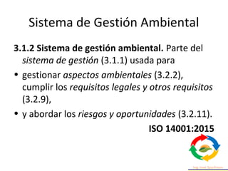 Sistema de Gestión Ambiental
3.1.2 Sistema de gestión ambiental. Parte del
sistema de gestión (3.1.1) usada para
• gestion...