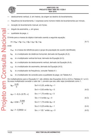 ABNT/CEE-136
PROJETO ABNT NBR ISO 11228-1
NOV 2016
—— deslocamento vertical, d, em metros, da origem ao destino do levantamento;
—— frequência do levantamento, f, expressa como número médio de levantamentos por minuto;
—— duração do levantamento manual, em horas;
—— ângulo da assimetria, α, em graus;
—— qualidade da pega, c.
O limite para a massa do objeto é derivado usando a seguinte equação:
ref M m M M M Mm m h v d f c≤ × × × × α × × 	 (A.1)
onde
mref	 é a massa de referência para o grupo de população de usuário identificado;
hM	 é o multiplicador de distância horizontal, derivado da Equação (A.2);
vM	 é o multiplicador vertical de local, derivado da Equação (A.3);
dM 	 é o multiplicador de deslocamento vertical, derivado da Equação (A.4);
αref	 é o multiplicador de assimetria, derivado da Equação (A.5);
fM	 é o multiplicador de frequência, consulte Tabela A.1;
cM	 é o multiplicador de conexão para a qualidade da pega; ver Tabela A.2.
Os multiplicadores para a Equação A.1 são obtidos das Equações (A.2) a (A.5) e Tabelas A.1 a A.3.
Se esse multiplicador exceder o valor de 1, convém que seu valor seja considerado como 1.
M
0 25,
h
h
= 	Se h ≤ 0,25, então hM = 1
	Se h > 0,63 então hM = 0	 (A.2)
M 1 0 3 0 75v , , v= − × − 	 Se v > 1,75 então vM = 0
	Se v < 0 então vM = 0	 (A.3)
M
0 045
0 82
,
d ,
d
= + 	Se d > 1,75 então dM = 0
	Se d < 0,25 então dM = 1	 (A.4)
M 1 0 0032,= − ×α α 	 Se α > 135 ° então αM = 0	 (A.5)
NÃO TEM VALOR NORMATIVO14/25
ProjetoemConsultaNacional
 