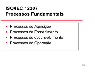 ISO/IEC 12207
Processos Fundamentais
Processos de Aquisição
Processos de Fornecimento
Processos de desenvolvimento
Processos de Operação

Slide 16

 