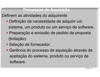 Processos de Aquisição
Definem as atividades do adquirente
Definição da necessidade de adquirir um
sistema, um produto ou um serviço de software.
Preparação e emissão de pedido de proposta
(licitação).
Seleção de fornecedor.
Gerência do processo de aquisição através da
aceitação do sistema, produto ou serviço de
software.
Slide 18

 