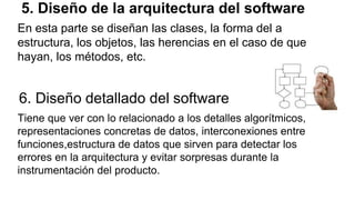 5. Diseño de la arquitectura del software
En esta parte se diseñan las clases, la forma del a
estructura, los objetos, las herencias en el caso de que
hayan, los métodos, etc.
6. Diseño detallado del software
Tiene que ver con lo relacionado a los detalles algorítmicos,
representaciones concretas de datos, interconexiones entre
funciones,estructura de datos que sirven para detectar los
errores en la arquitectura y evitar sorpresas durante la
instrumentación del producto.
 