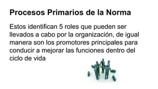 Procesos Primarios de la Norma
Estos identifican 5 roles que pueden ser
llevados a cabo por la organización, de igual
manera son los promotores principales para
conducir a mejorar las funciones dentro del
ciclo de vida
 