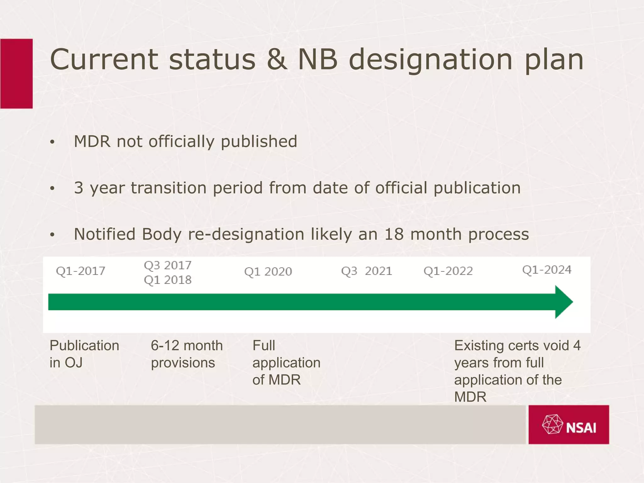 Current status & NB designation plan
• MDR not officially published
• 3 year transition period from date of official publication
• Notified Body re-designation likely an 18 month process
Publication
in OJ
6-12 month
provisions
Full
application
of MDR
Existing certs void 4
years from full
application of the
MDR
 