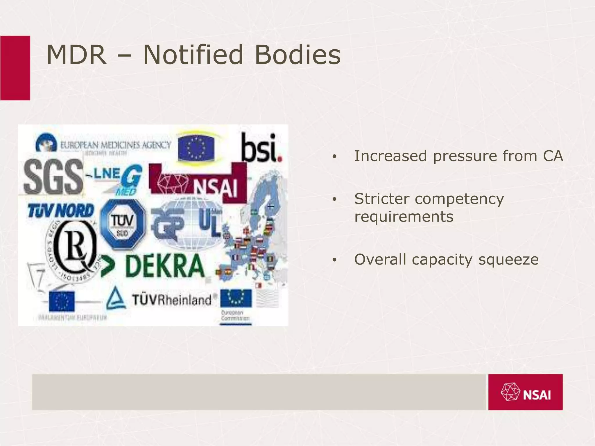 MDR – Notified Bodies
• Increased pressure from CA
• Stricter competency
requirements
• Overall capacity squeeze
 